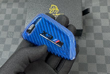 Load image into Gallery viewer, BMW Red & Blue Two-Tone Carbon Fiber Key Cover + Matching Keychain Set Premium Real Carbon For M3 M4 M5 M8 X3M X4M X5M X6M Competition Model