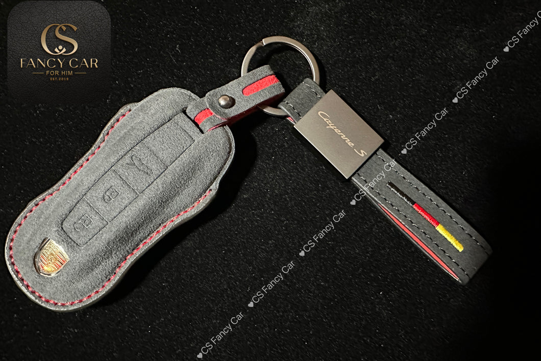 Premium Alcantara Leather Key Fob Cover Case For Porsche Cayenne Panamera Taycan model Custom Made Exclusive Gift