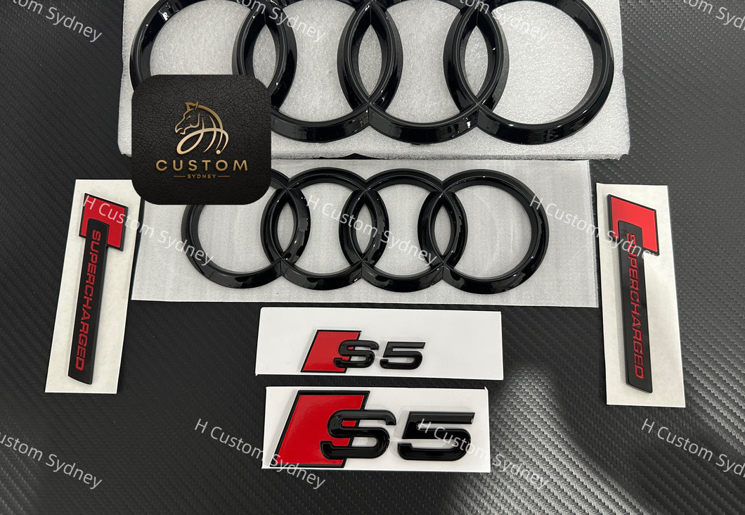 S5 Gloss Black Full Badges Emblems Package For Audi S5 8T 2013-2016 Supercharged Model Exclusive Pack