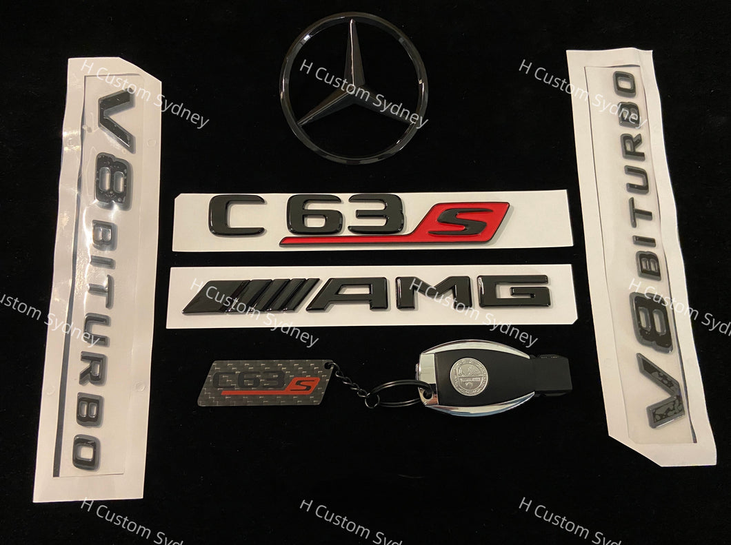 Gloss Black C63S AMG V8 BITURBO Badges Emblems Package W205 C205 S205 A205 2019-2023 Exclusive Pack