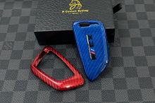 Load image into Gallery viewer, BMW Red &amp; Blue Two-Tone Carbon Fiber Key Cover + Matching Keychain Set Premium Real Carbon For M3 M4 M5 M8 X3M X4M X5M X6M Competition Model
