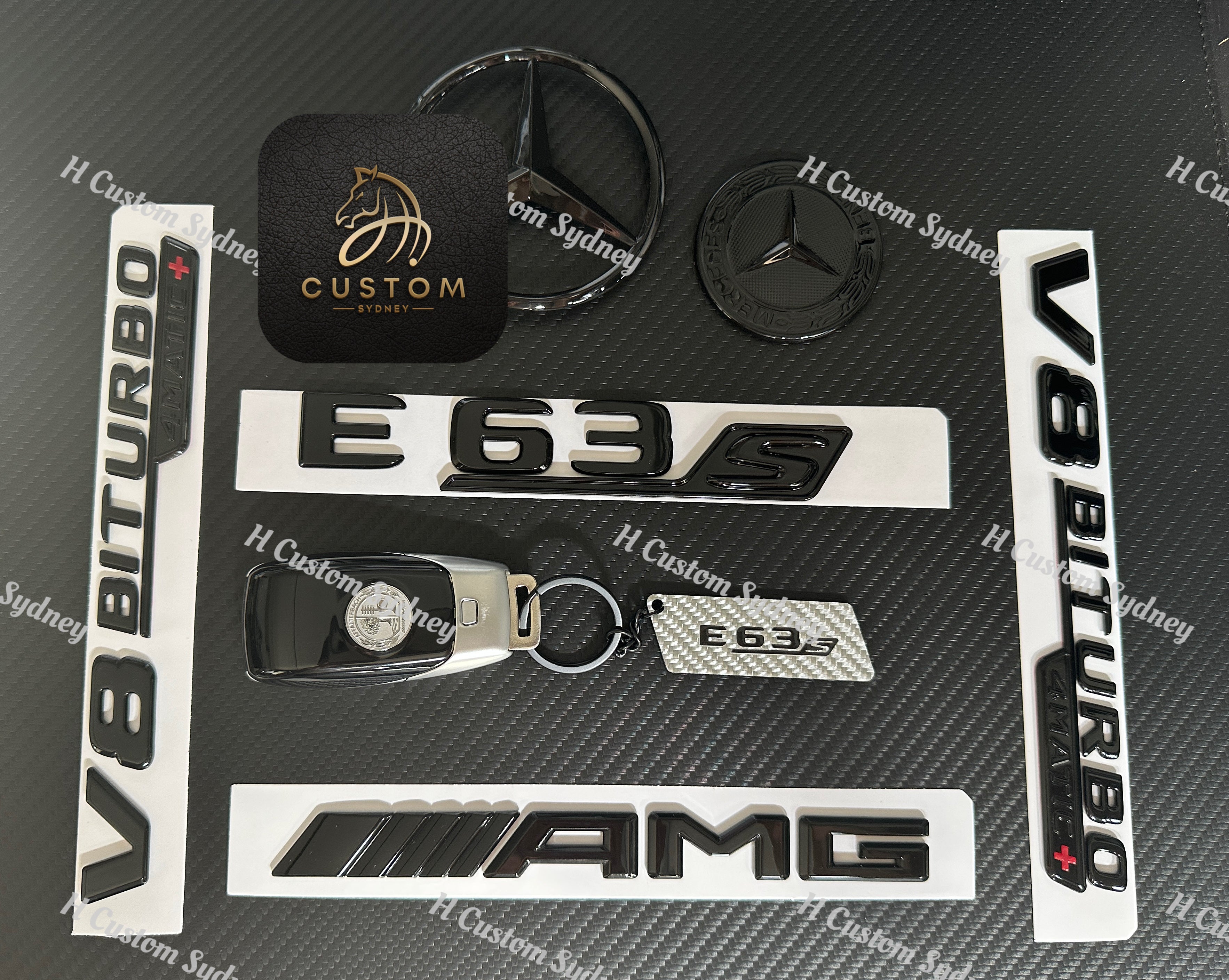 H Custom Gloss Black Emblem Badge Set For Mercedes E63S 2021-2023 (Front & Rear)
