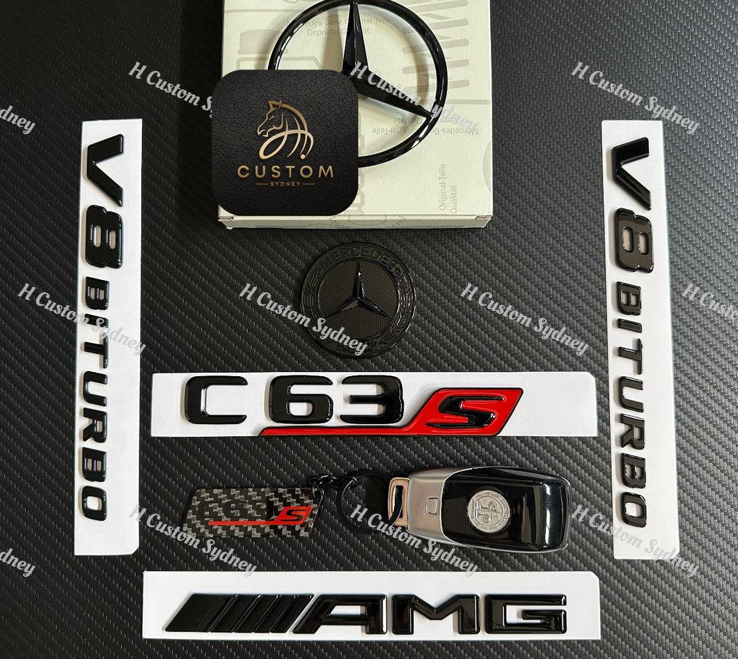 Gloss Black C63S AMG V8 BITURBO Badges Emblems Package W205 C205 S205 A205 2019-2023 Exclusive Pack