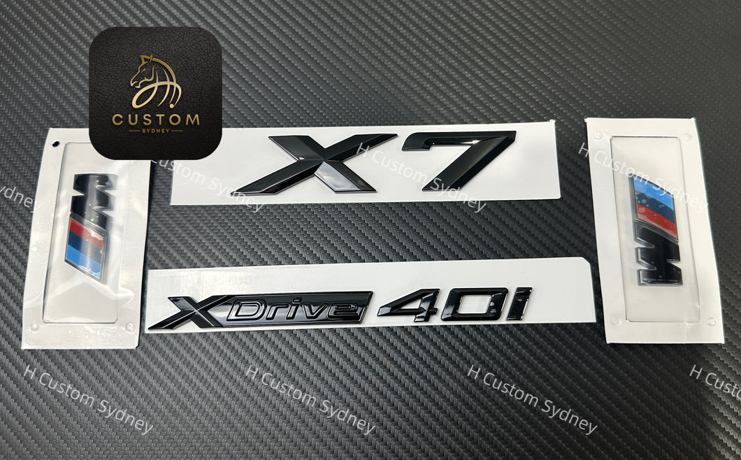 Gloss Black OEM Badge Kit – Fits BMW X7 xDrive40i (G07 2019–2024）
