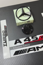 Load and play video in Gallery viewer, A45S Gloss Black Full Black Badges Emblems Package For Mercedes A45S W177 2023+ Model Exclusive Night Edition Pack

